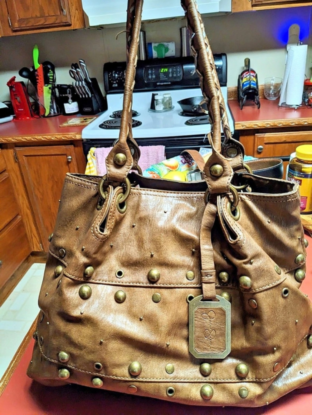 Brighton Studded Leather-Look Shoulder Bag in Brown